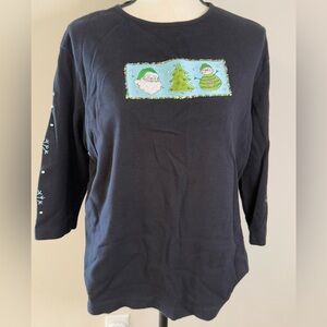 CB festive Christmas top Navy Blue crop Sleeve Santa, snowflakes, snowman SZ XL